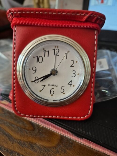 Compact Travel Alarm Clock in Red Leather Snap Travel Case New