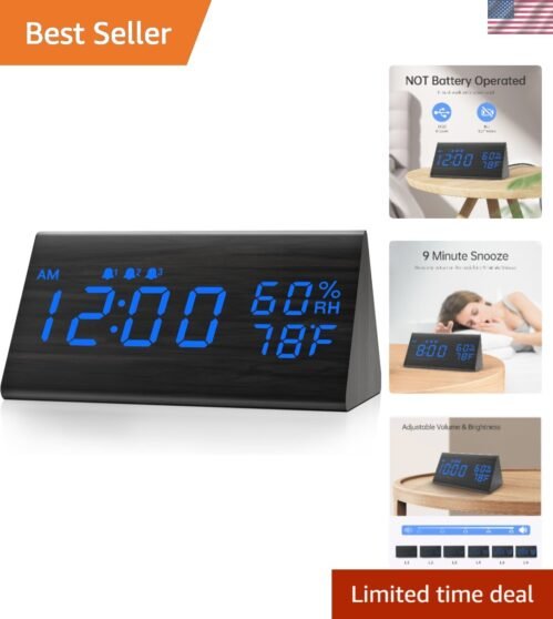 Compact Wooden Alarm Clock with Three Alarms & Adjustable Brightness Levels