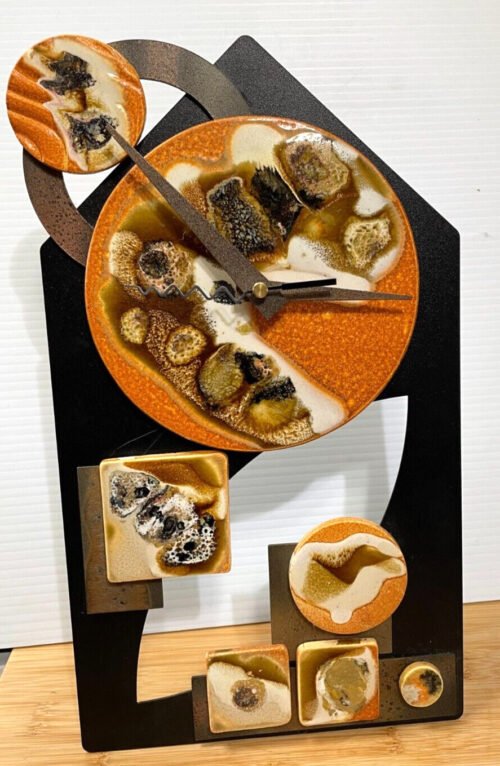 Contemporary Abstract Desk or Wall Clock Quiet Battery Metal Frame Wood design