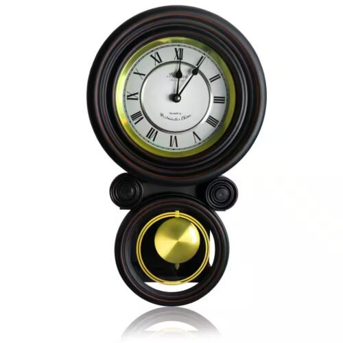 Contemporary Black round Wall Clock with Pendulum