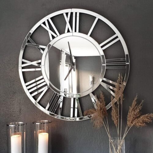 Contemporary Silver Analog Mirrored Roman Numerals Wall Clock
