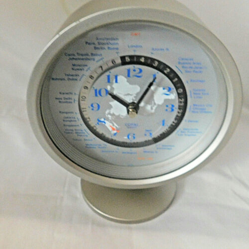 Copal World Clock Model HN492 Desk Top Silver Battery Operated Tested Keeps Time