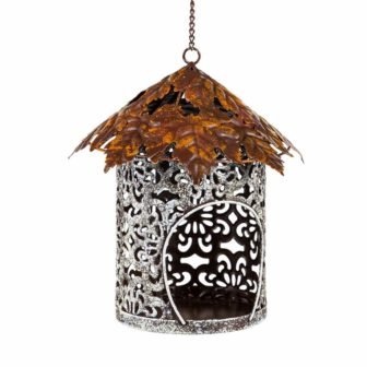 Copper and Silver Hanging Metal House with Maple Leaf Roof Wild Bird...