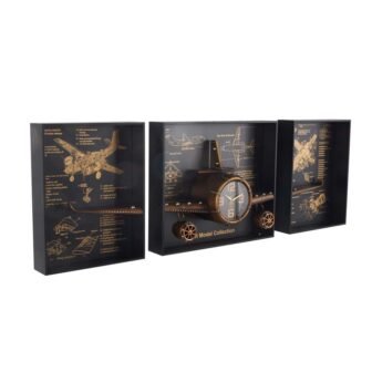 Copper Metal Airplane Wall Clock with Black Frame and Gold Illustrations (Set...
