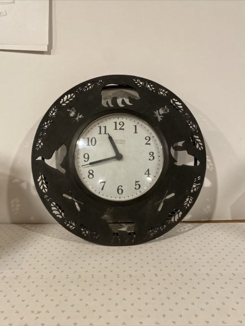 Country Cabin Wall Clock Wrought iron Bear Elk Duck Fish Cutout Design 13”dia