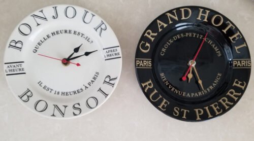 Country French~Ceramic~Paris~BonJour~Rue St Pierre~Wall Plate Clocks~Lot~2~NOS