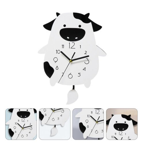 Cow Clock Decor Wall with Pendulum Swing Large Number Child