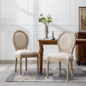 Cream French Style Solid Wood Frame Linen Fabric Oval Back Dining Chair...