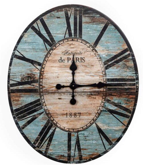Creative Co-Op Oval French Country Wood Wall Clock, Distressed Turquoise
