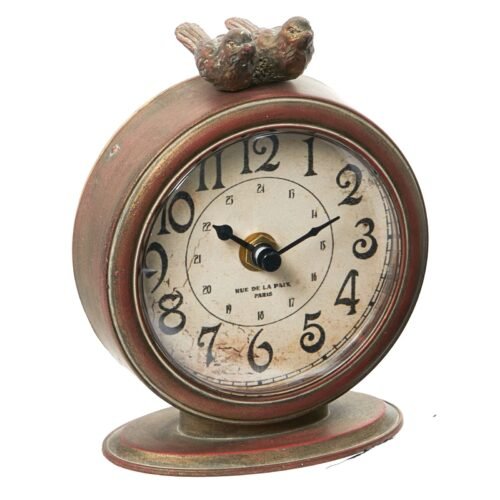Creative Co-Op Vintage Pewter Mantel Clock with Birds Distressed Brown