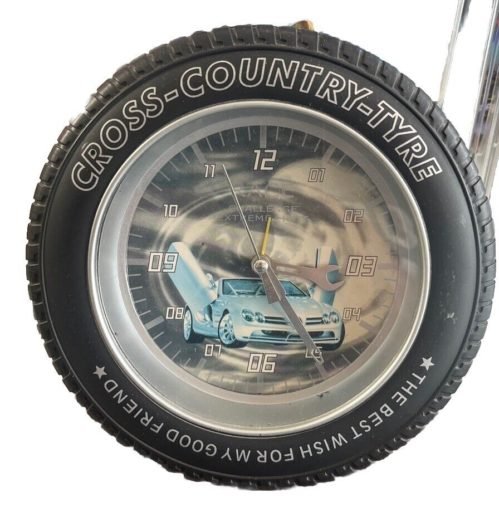 Cross Country Tyre Tire Clock w Alarm & Stand 3 1/4" Tall Works