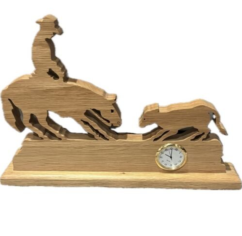 Crosscuts Cowboy & Calf Roping Scroll Saw Desk Clock Oak Wood Western Decor