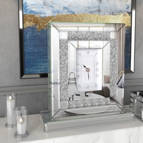 Crushed Diamond Mirrored Desk Clock Silver Glass Table Clock Living Room Bedroom