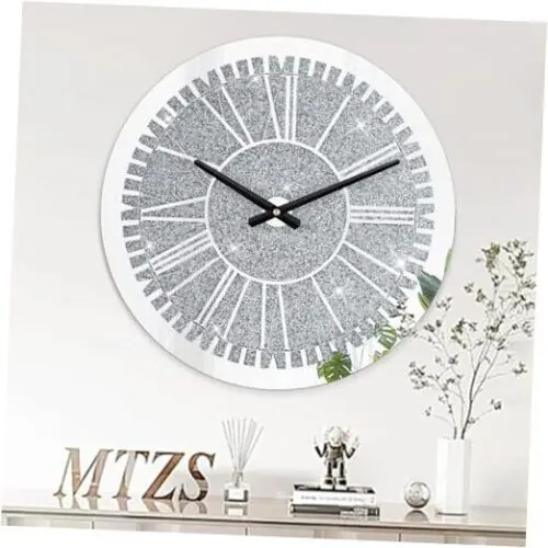 Crushed Diamond Wall Clock Crystal Twinkle Wall Hanging Clocks 16 IN Silver