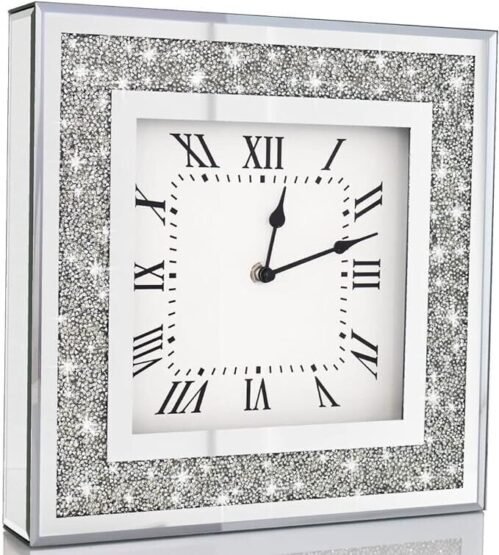 Crystal Crush Diamond Mirrored Square Wall Clock 12x12inch Decorative Silver