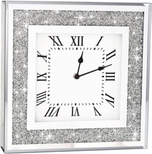 Crystal Crush Diamond Mirrored Square Wall Clock with Sparkle Bling Silver