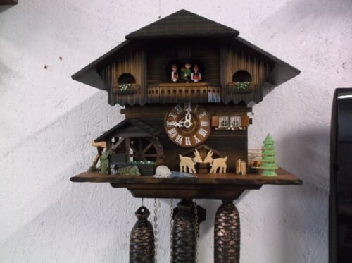CUCKOO CLOCK,8 DAY,MUSICAL,HEAD BUTTING GOATS,DANCERS,WATERWHEEL,SERVICED,VIDEO