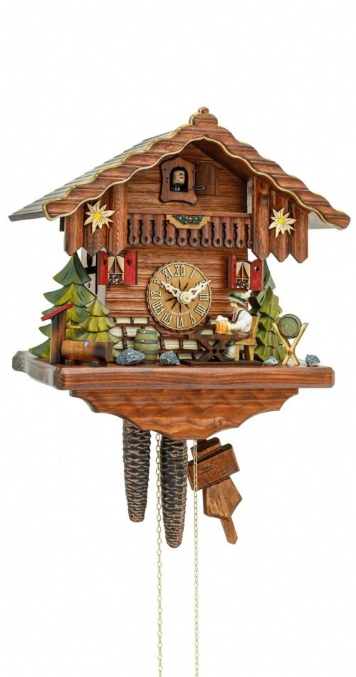 Cuckoo Clock Black Forest house with moving beer drinker KA 1696 EX NEW