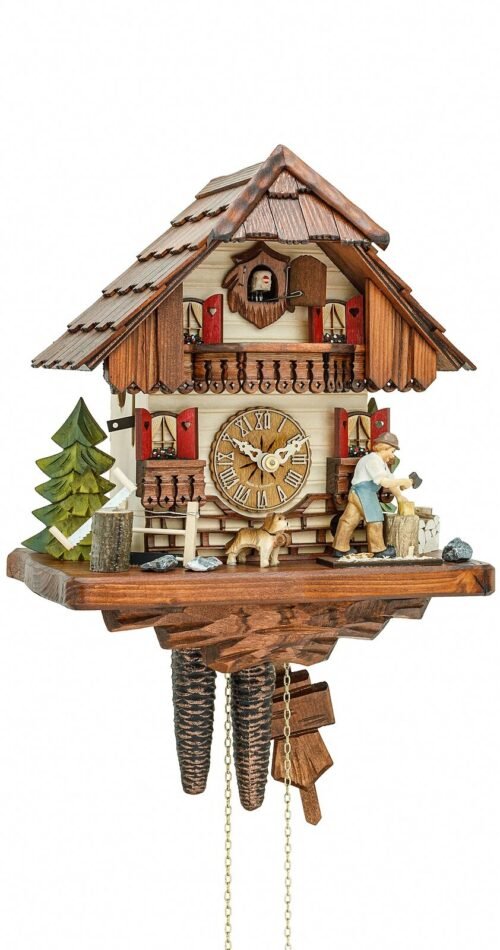 Cuckoo Clock Black Forest house with moving wood chopper KA 1694 EX NEW