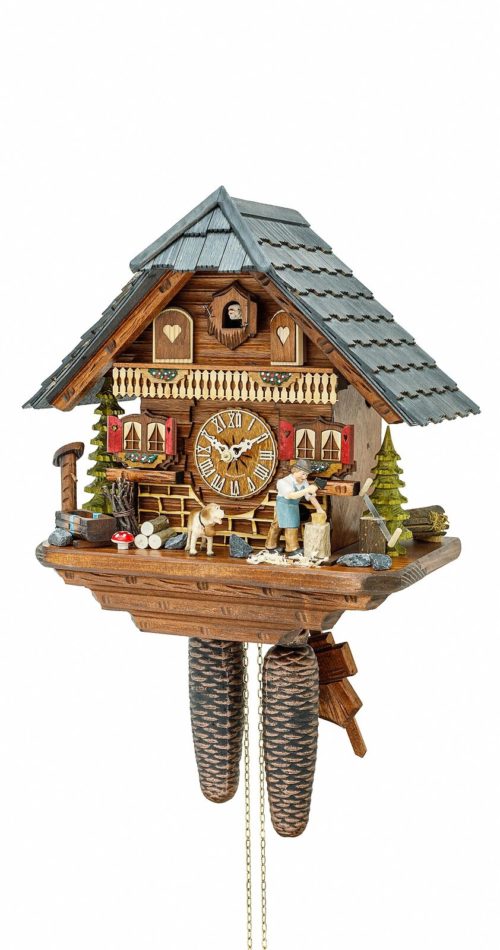 Cuckoo Clock Black Forest house with moving wood chopper KA 867 EX NEW