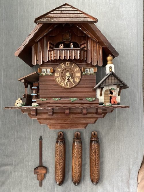 cuckoo clock hand crafted water wheel bell ringer W. Germany BlackForest