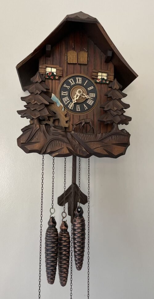Cuckoo Clock, W.Germany, Schneider Shone,Rotating Water Reel-SEE VIDEO