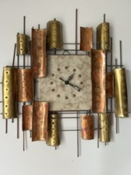 CURTIS JERE Style Mid-Century Brutalist Bronze, Gold Wall Hanging, Slate Clock