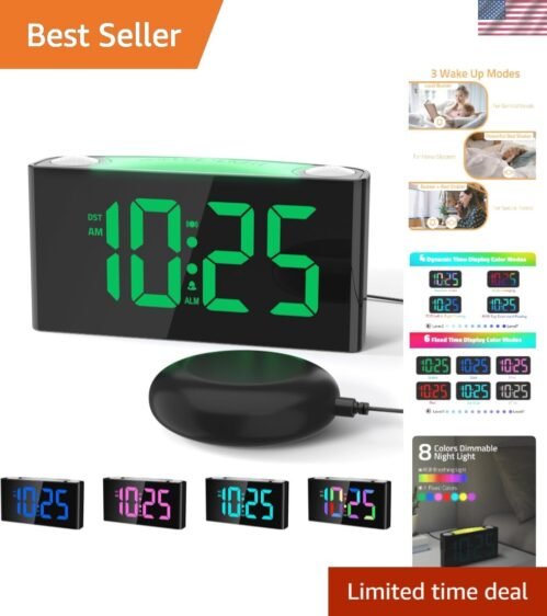 Customizable Vibrating Alarm Clock with 8-Color Display & Dual USB Charging
