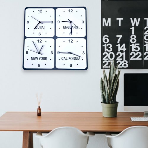 Custom Named 45cm Square 4 Time Zones Wall Clocks, Many Colour Choices