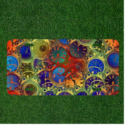 Custom Personalized License Plate Auto Tag With Colorful Wacky Time Clocks Art