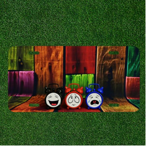 Custom Personalized License Plate Auto Tag With Three Colorful Clocks Emoji