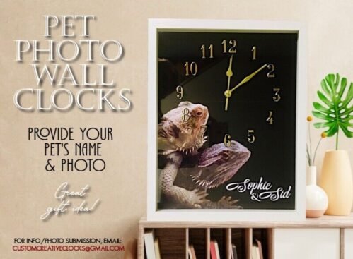 Custom Photo Wall Clocks, pet photo clocks, pet gifts, portraits, reptiles