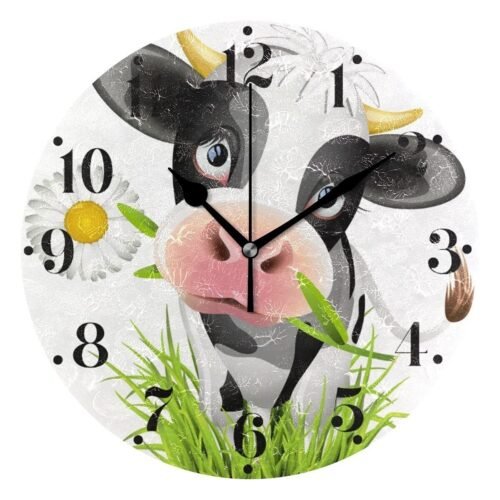 Cute Holstein Cow Wall Clock Silent Non Ticking Round Wall Hanging Clock Batt...