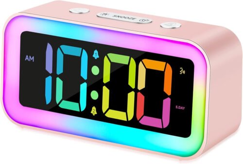 Cute Pink Loud Alarm Clock with RGB Night Light - Perfect for Girls Room Decor a