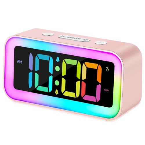 Cute Pink Loud Alarm Clock with RGB Night Light - Perfect for Girls Room Decor a