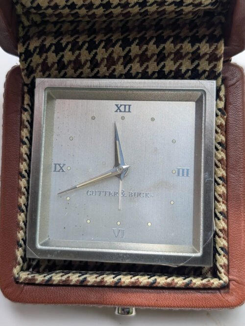 Cutter & Buck Travel Alarm Clock Brown Leather Houndstooth Case Portable Working