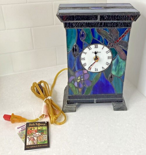 Dale Tiffany Dragonfly Lily Mantle Clock Lamp Stained Art Glass Light NEW