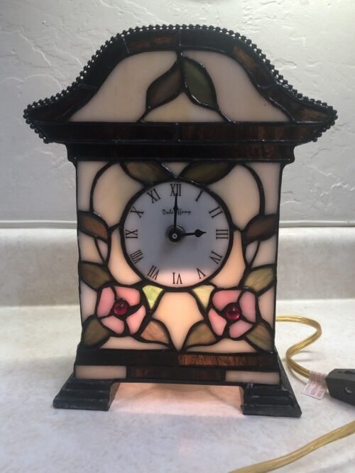 Dale Tiffany Stained Glass Mantle Clock Lamp Authentic Hand Painted Night Light