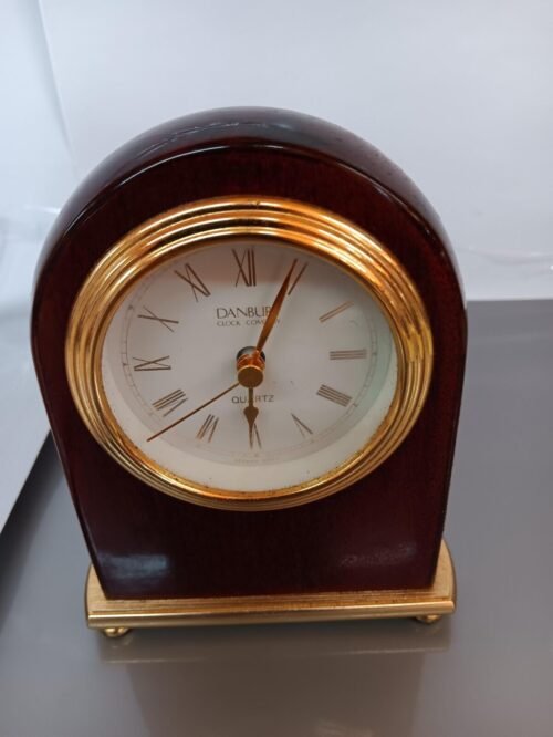 Danbury Arched Mahogany Finish & Gold Glass & Dials Desk Clock