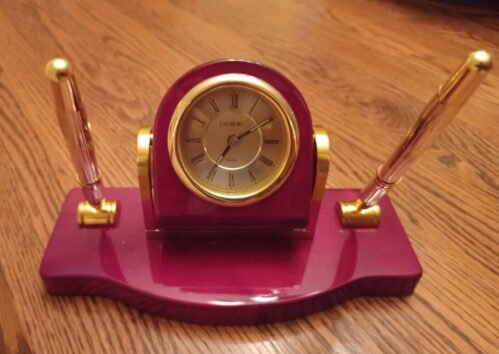 Danbury Executive Quartz Clock & Pen Desk Set - Brass & Glossy Mahogany -EC