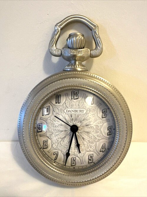 Danbury Wall Clock 9" Silver Metal - Things Remembered Pocket Watch Style - RARE