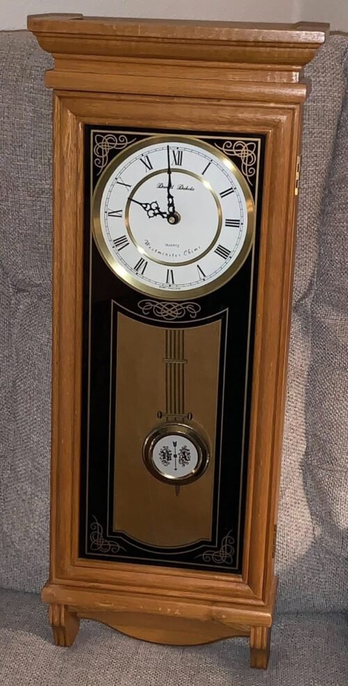 Daniel Dakota Westminster Chime Quartz Wood Wall Clock Glass Hinged Door Front