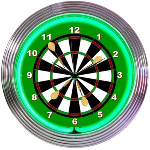 Darts Dartboard Game Room Green Neon Wall Clock 15" Diameter 8DARTC Neonetics