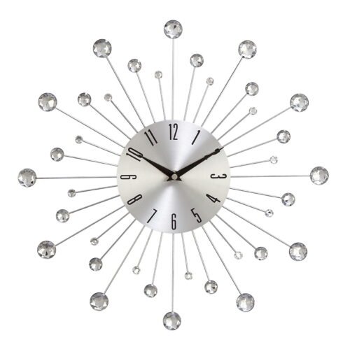 DecMode 15" Silver Metal Starburst Wall Clock with Crystal Accents