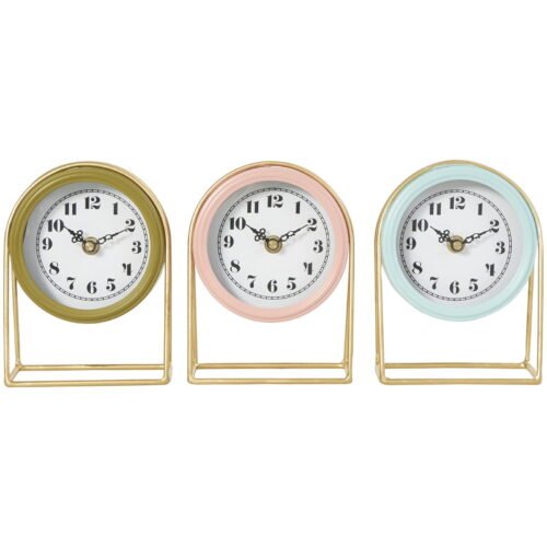DecMode 7" Multi Colored Metal Pastel Tabletop Clock with Gold Frames Set of 3