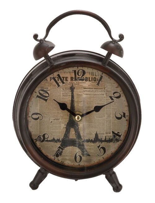 DecMode 9" Black Metal Eiffel Tower Clock with Bell Style Top Vintage Style
