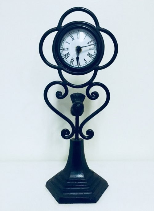 Decorative gray DESK or TABLE CLOCK, 13” high, Iron, excellent condition