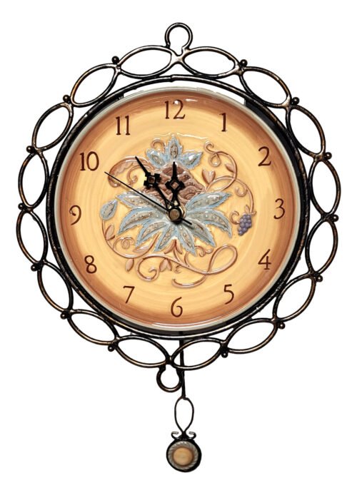 Decorative Pendulum Wall Clock Battery Operated Scalloped Metal Ceramic Face 9"