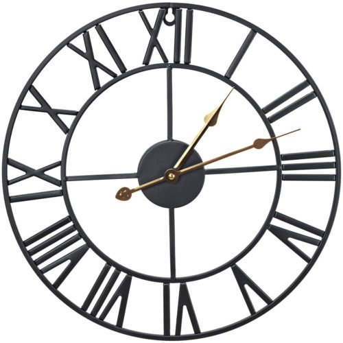 Decorative Wall Clock for Living Room Décor, 16” Round Roman Numeral, Black Gold