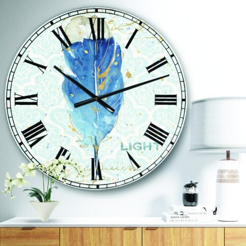Designart 'Blue Damask Feather' Farmhouse Large Wall CLock